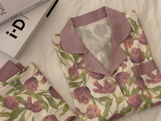 Satin Long Pajama Set (Short Sleeve Top) - Lunior - -