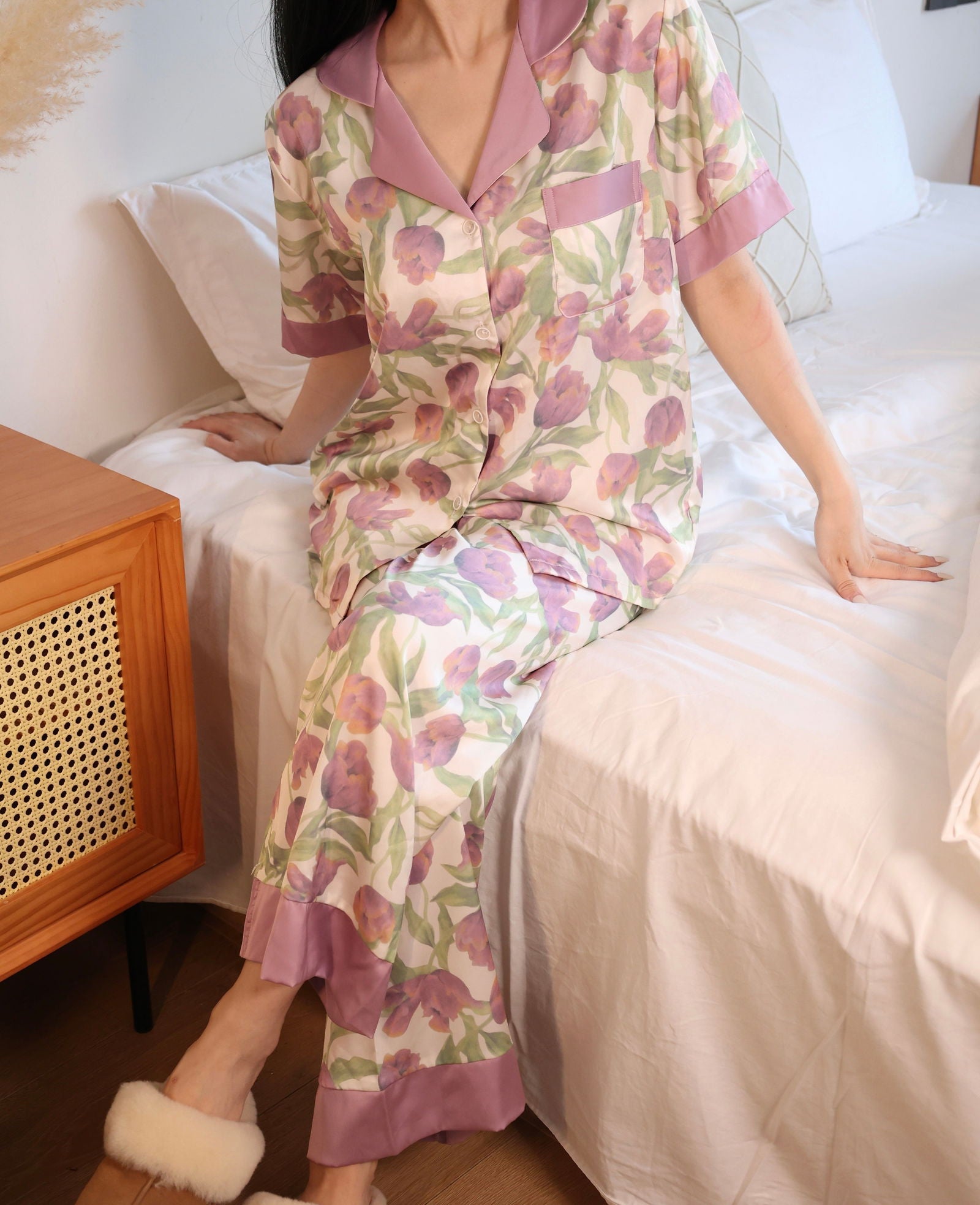 Satin Long Pajama Set (Short Sleeve Top) - Lunior -  -
