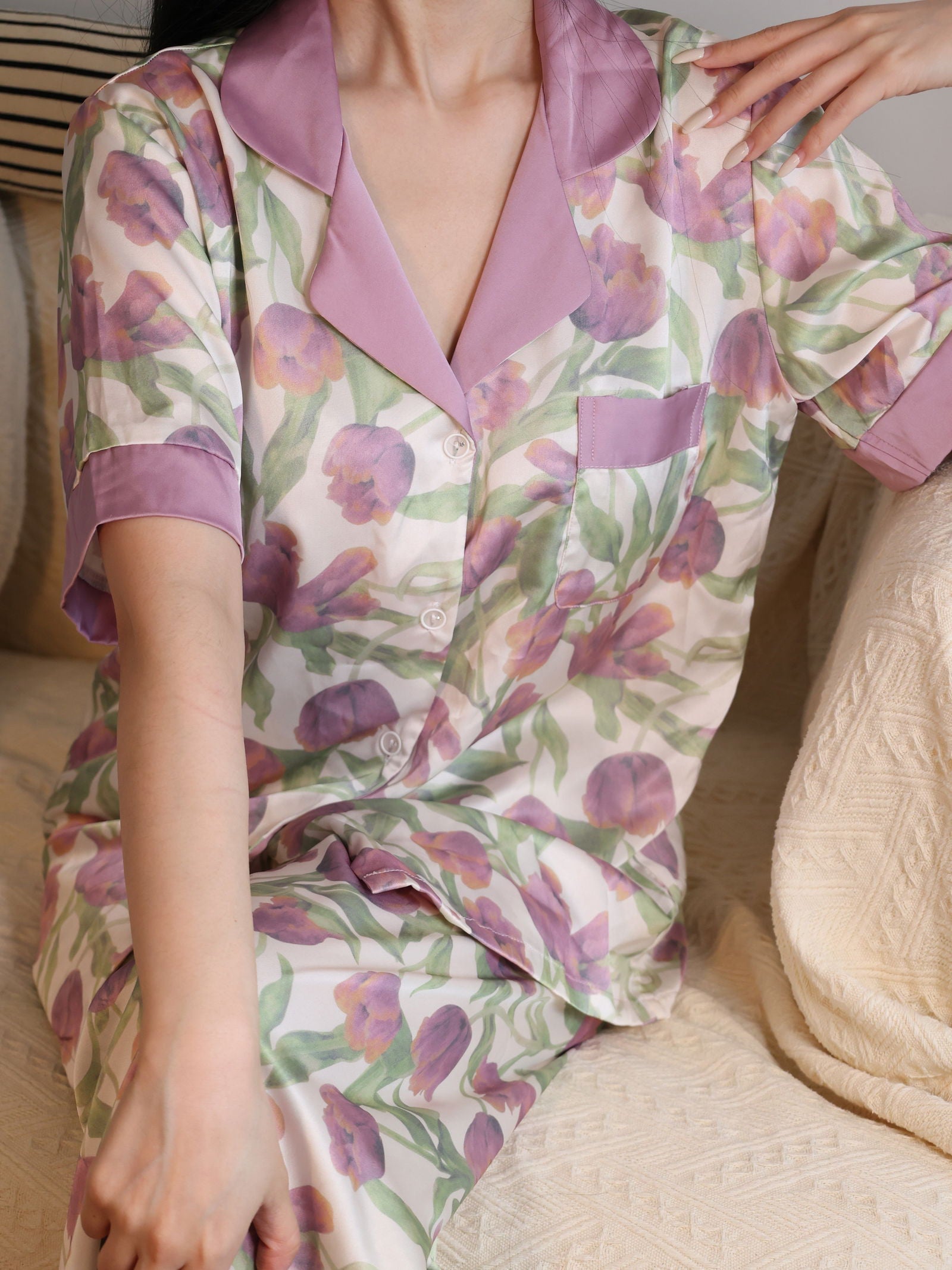 Satin Long Pajama Set (Short Sleeve Top) - Lunior -  - 